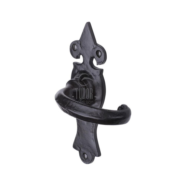 This is an image of a The Tudor Collection - Door Handle Lever Latch Wroxeter Design Black Iron, tc810 that is available to order from Trade Door Handles in Kendal.