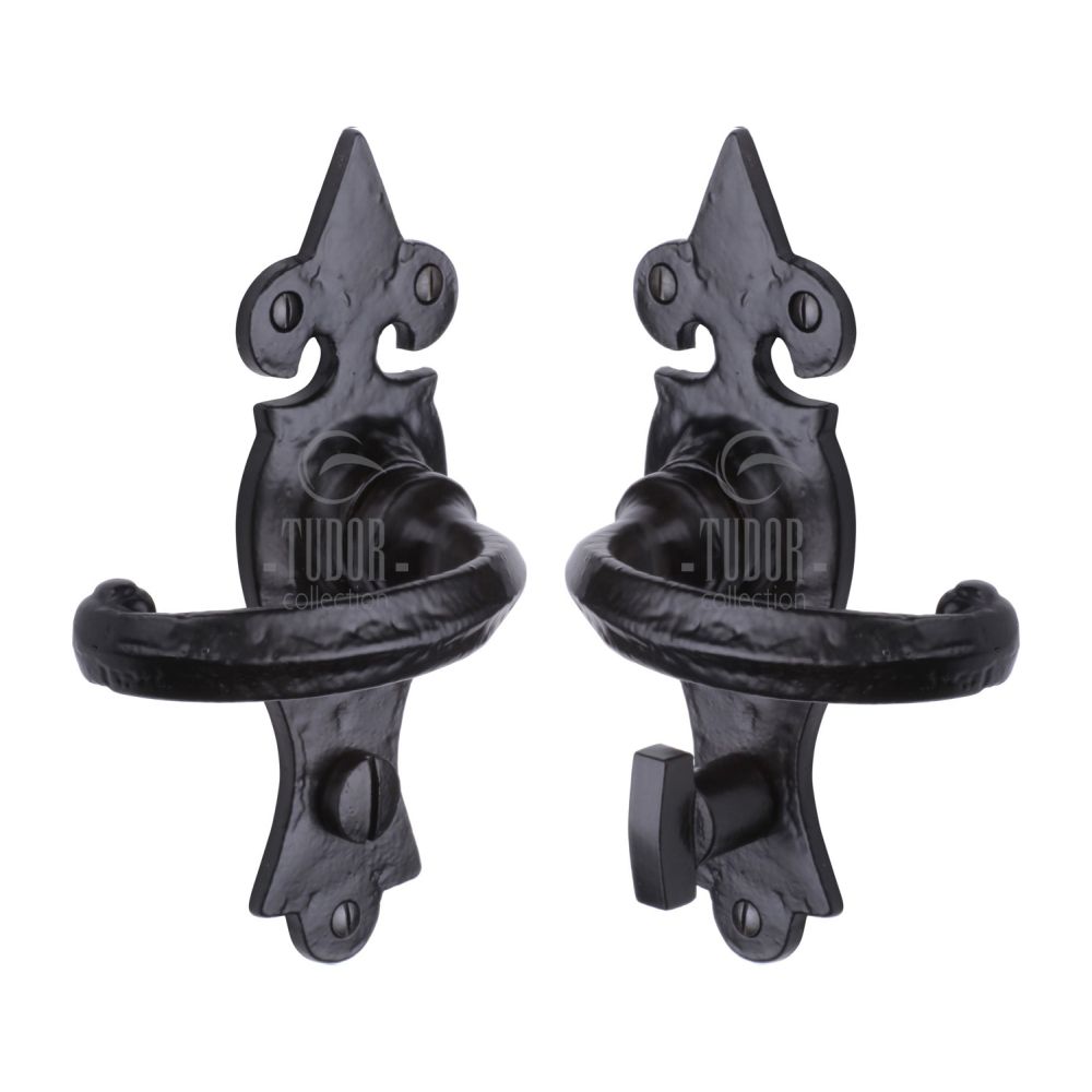 This is an image of a The Tudor Collection - Door Handle for Bathroom Wroxeter Design Black Iron, tc820 that is available to order from Trade Door Handles in Kendal.