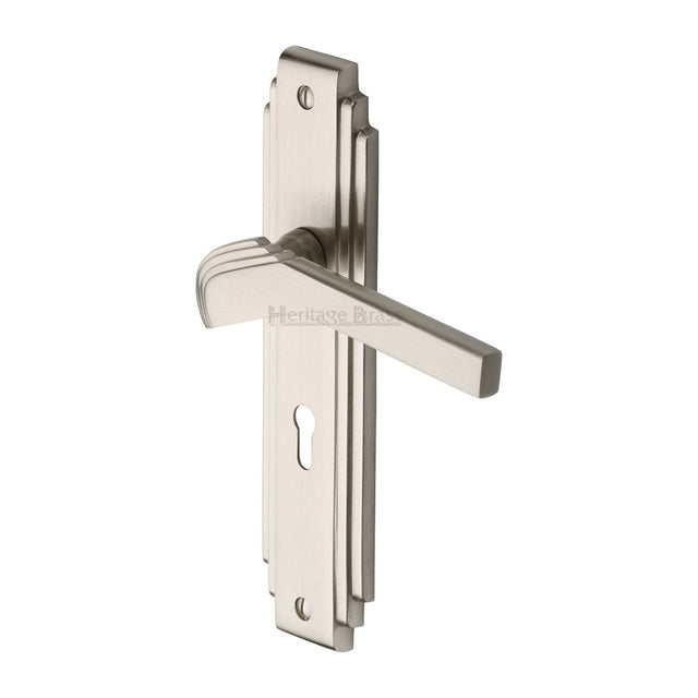 This is an image of a Heritage Brass - Door Handle Lever Lock Tiffany Design Satin Nickel Finish, tif5200-sn that is available to order from Trade Door Handles in Kendal.