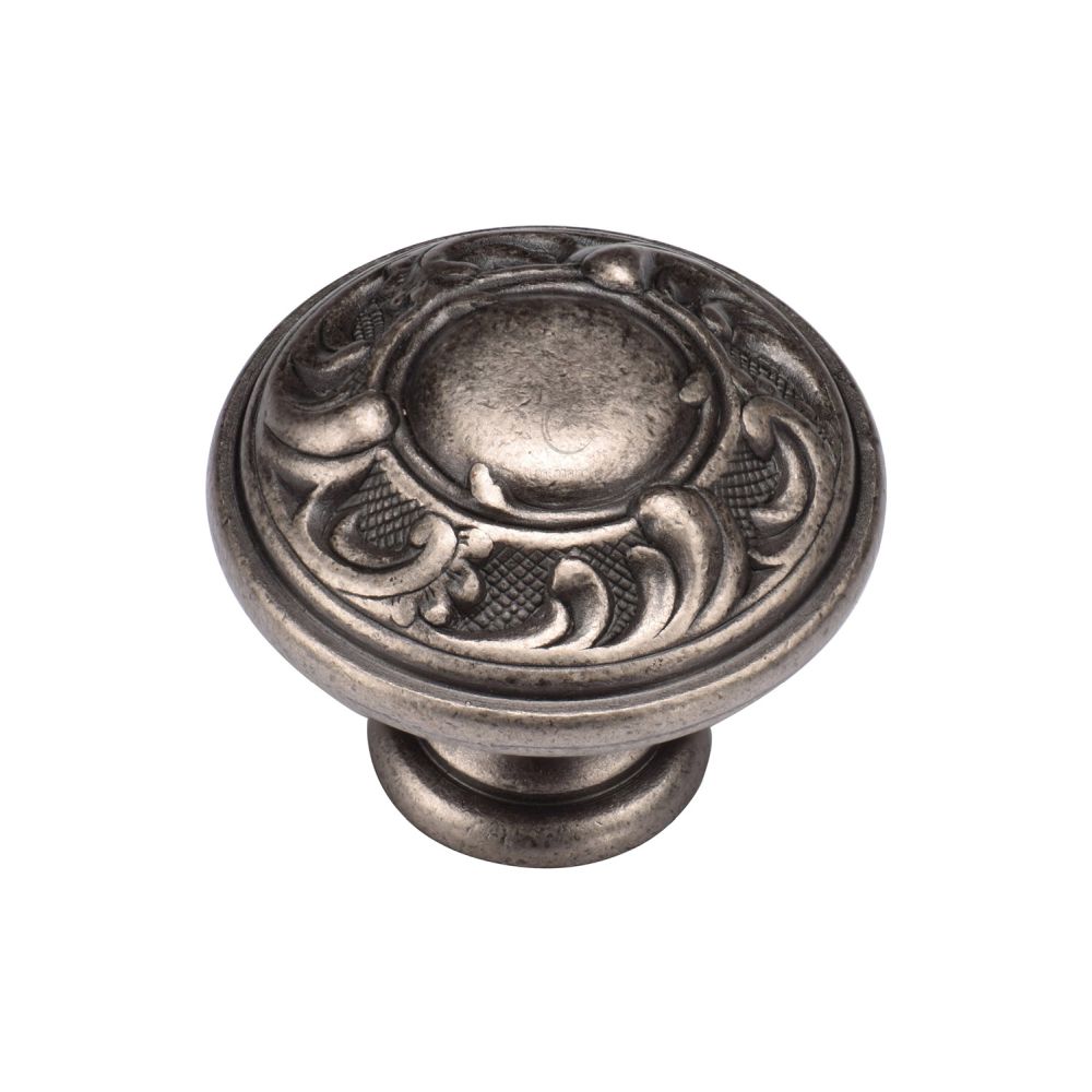 This is an image of a M.Marcus - Decorated Round Knob 035mm Distressed Pewter Finish, tk4401-035-dpw that is available to order from Trade Door Handles in Kendal.