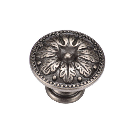 This is an image of a M.Marcus - Floral Round Knob 030mm Distressed Pewter Finish, tk4479-030-dpw that is available to order from Trade Door Handles in Kendal.