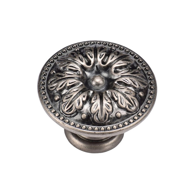 This is an image of a M.Marcus - Floral Round Knob 035mm Distressed Pewter Finish, tk4479-035-dpw that is available to order from Trade Door Handles in Kendal.