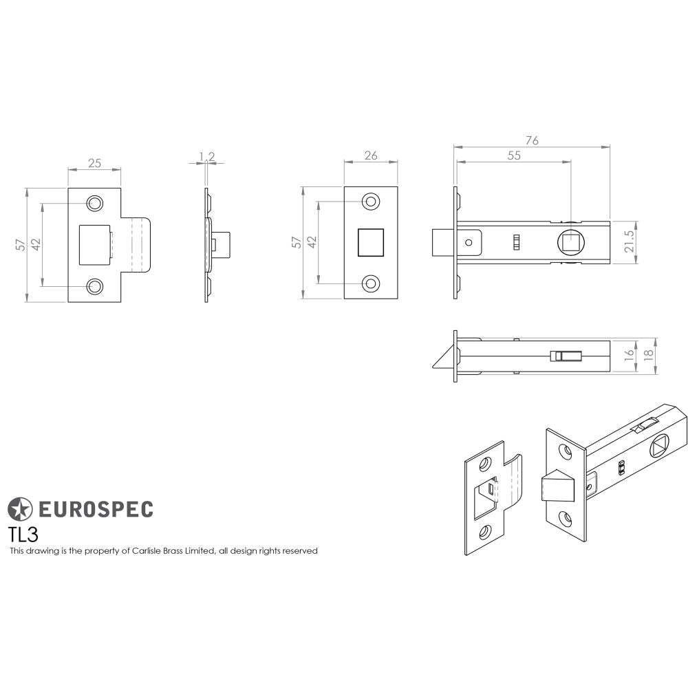 This image is a line drwaing of a Carlisle Brass - Tubular Latch 76mm - Electro Brassed available to order from Trade Door Handles in Kendal