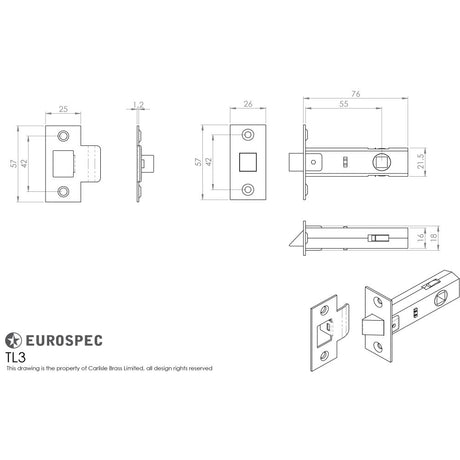 This image is a line drwaing of a Carlisle Brass - Tubular Latch 76mm - Electro Brassed available to order from Trade Door Handles in Kendal