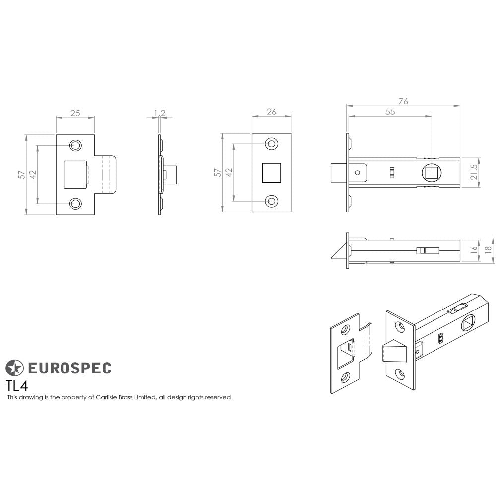 This image is a line drwaing of a Carlisle Brass - Tubular Latch 76mm - Nickel Plate available to order from Trade Door Handles in Kendal