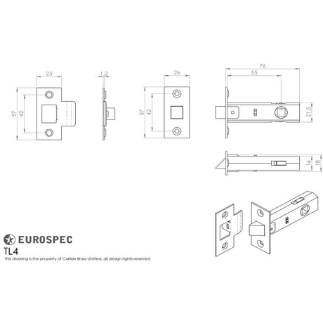 This image is a line drwaing of a Carlisle Brass - Tubular Latch 76mm - Nickel Plate available to order from Trade Door Handles in Kendal