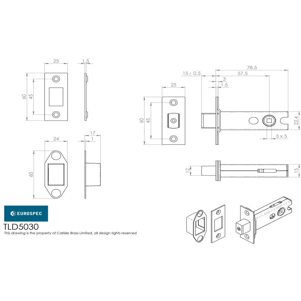 This image is a line drwaing of a Eurospec - Tubular Dead Bolt 76mm - Electro Brassed/Satin Stainless Steel available to order from Trade Door Handles in Kendal