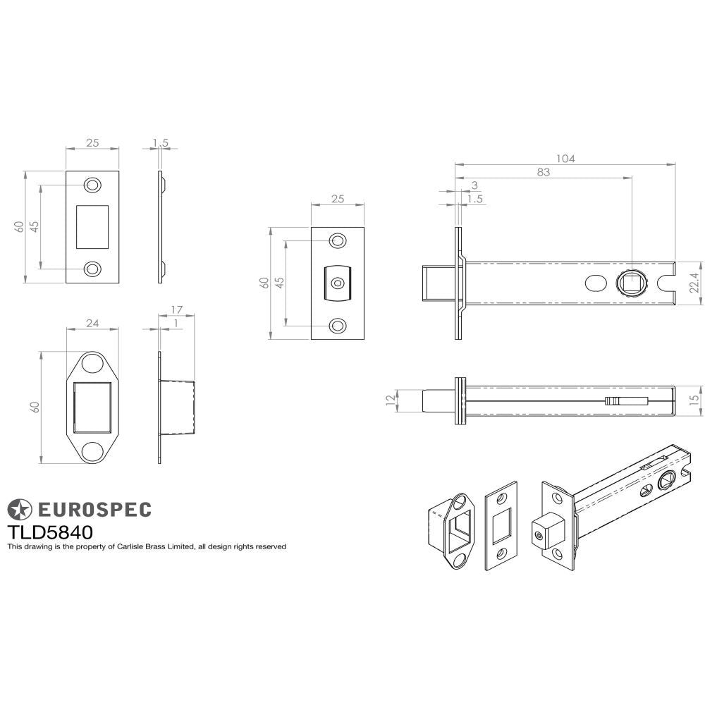 This image is a line drwaing of a Eurospec - Tubular Dead Bolt 102mm - Electro Brassed/Satin Stainless Steel available to order from Trade Door Handles in Kendal