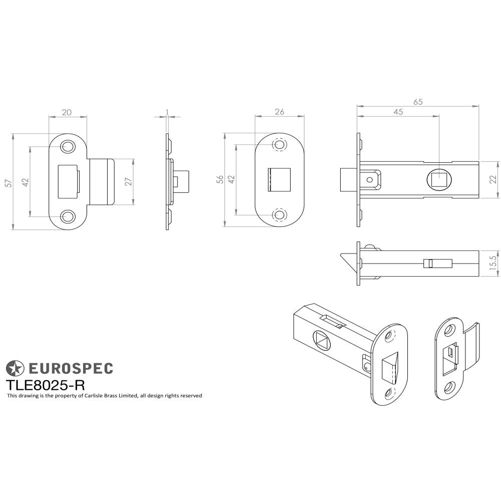 This image is a line drwaing of a Eurospec - Contract Standard Tubular Latch Radius - Nickel Plate available to order from Trade Door Handles in Kendal