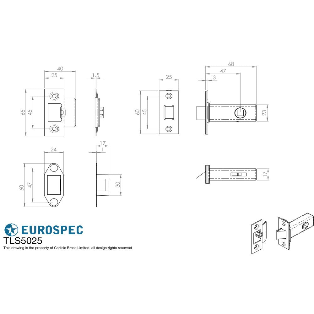 This image is a line drwaing of a Eurospec - Heavy Sprung Tubular Latch 64mm - Electro Brassed/Satin Stainless Ste available to order from Trade Door Handles in Kendal