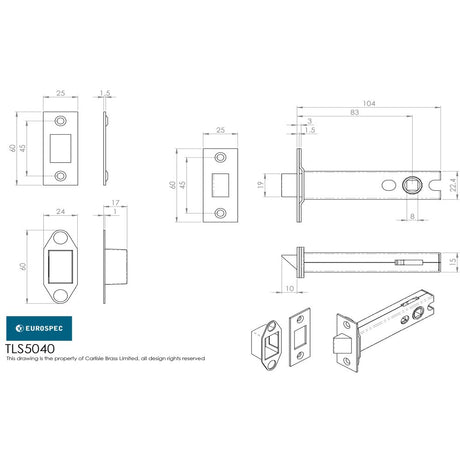 This image is a line drwaing of a Eurospec - Heavy Sprung Tubular Latch 102mm - Electro Brassed/Satin Stainless St available to order from Trade Door Handles in Kendal