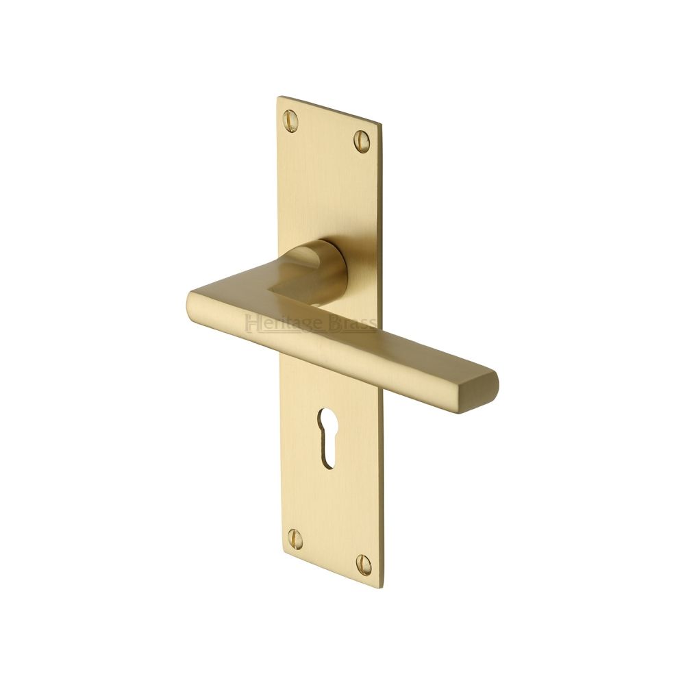 This is an image of a Heritage Brass - Door Handle Lever Lock Trident Design Satin Brass Finish, tri1300-sb that is available to order from Trade Door Handles in Kendal.