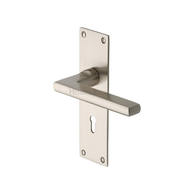 This is an image of a Heritage Brass - Door Handle Lever Lock Trident Design Satin Nickel Finish, tri1300-sn that is available to order from Trade Door Handles in Kendal.