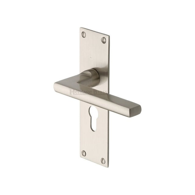 This is an image of a Heritage Brass - Door Handle Euro Profile Plate Trident Design Satin Nickel Finis, tri1348-sn that is available to order from Trade Door Handles in Kendal.