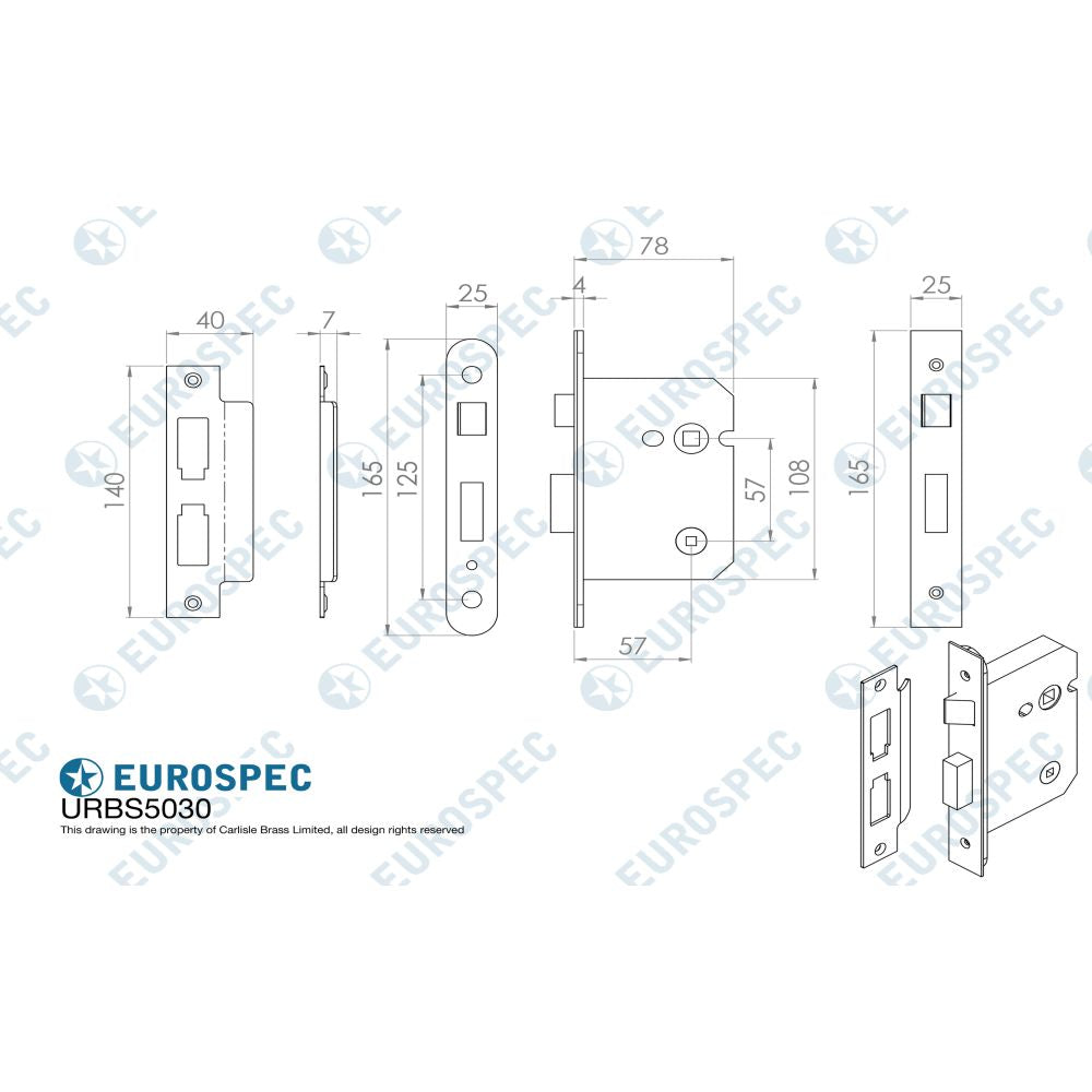 This image is a line drwaing of a Eurospec - Bathroom Sashlock 76mm - Satin Stainless Steel available to order from Trade Door Handles in Kendal