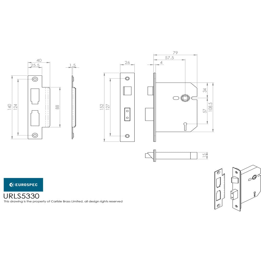 This image is a line drwaing of a Eurospec - Universal Replacement 3 Lever Sashlock 76mm - Satin Stainless Steel available to order from Trade Door Handles in Kendal