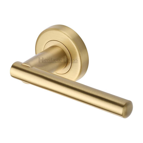 This is an image of a Heritage Brass - Door Handle Lever on Rose Challenger Design Satin Brass Finish, v1001-sb that is available to order from Trade Door Handles in Kendal.