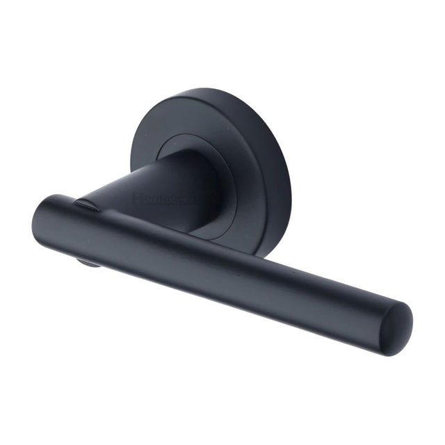 This is an image of a Heritage Brass - Door Handle Lever on Rose Challenger Design Matt Black Finish, v1001-bkmt that is available to order from Trade Door Handles in Kendal.