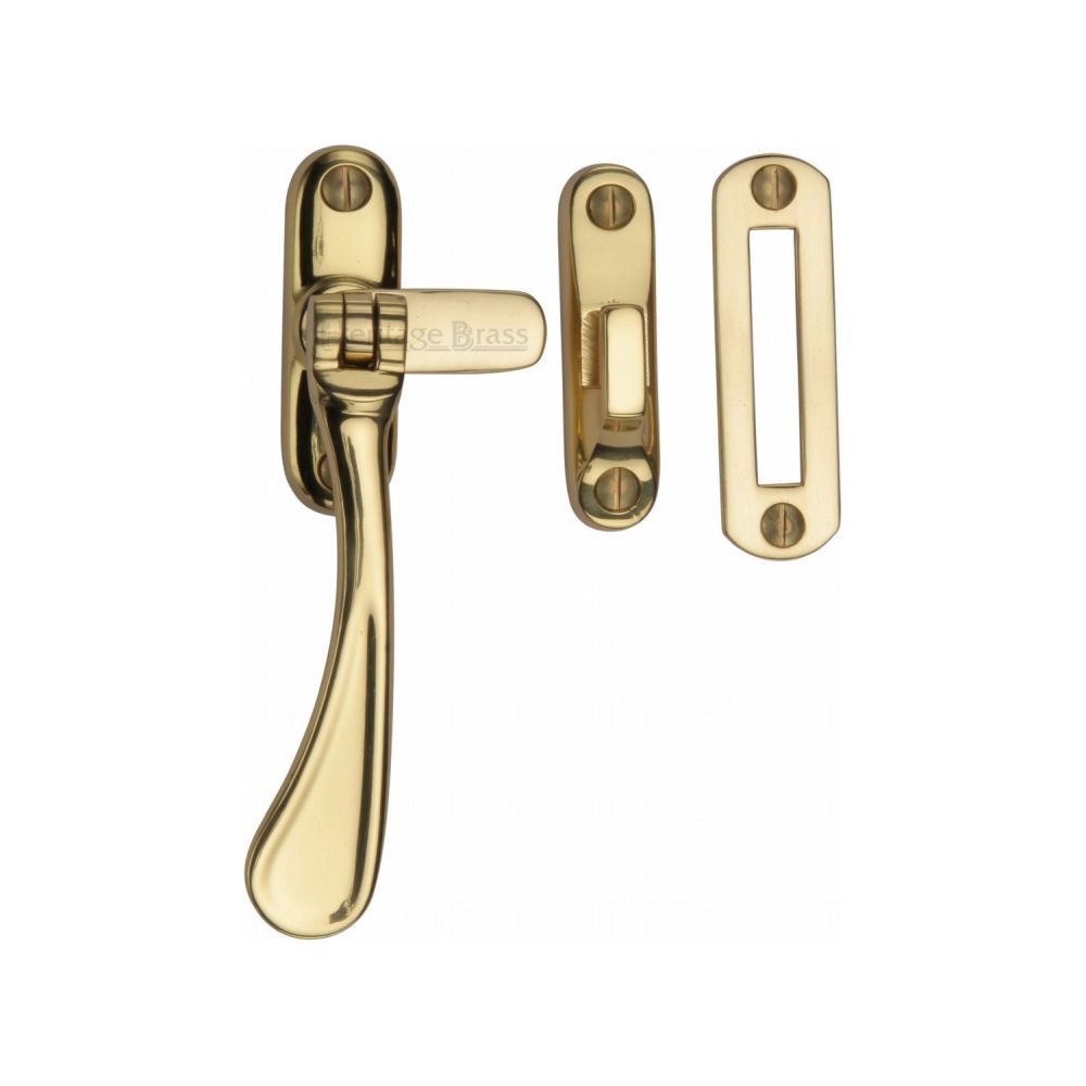 This is an image of a Heritage Brass - Casement Window Fastener Spoon Pattern Polished Brass Finish, v1003-mp-hp-pb that is available to order from Trade Door Handles in Kendal.