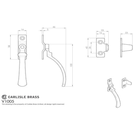 This image is a line drwaing of a Carlisle Brass - Casement Fastener - Polished Chrome available to order from Trade Door Handles in Kendal