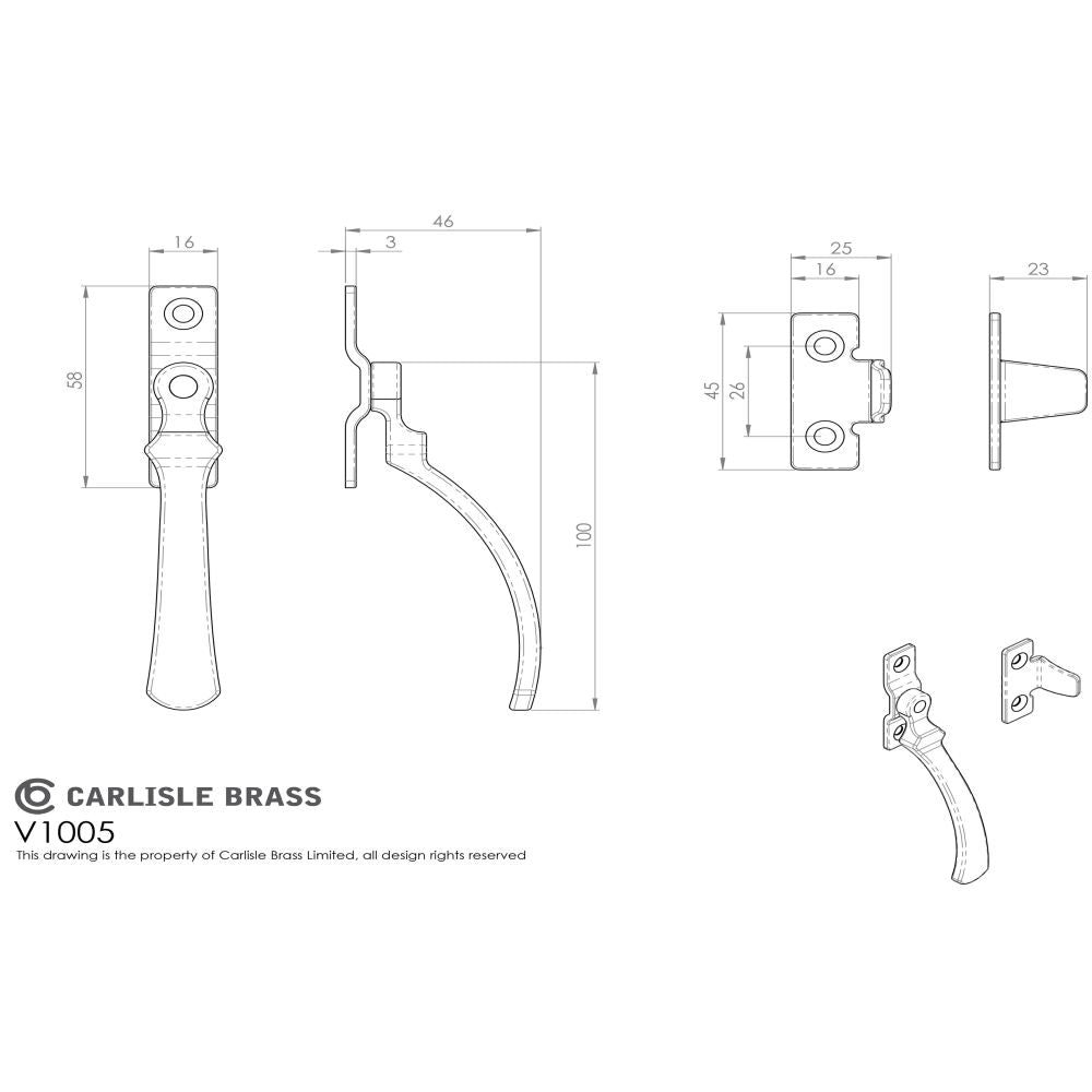 This image is a line drwaing of a Carlisle Brass - Casement Fastener - Polished Brass available to order from Trade Door Handles in Kendal