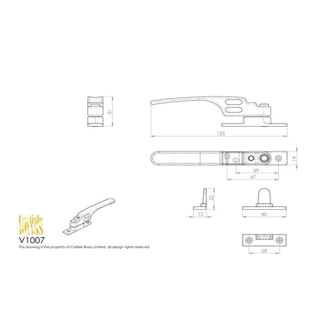 This image is a line drwaing of a Carlisle Brass - Locking Casement Fastener with Night Vent - Satin Chrome available to order from Trade Door Handles in Kendal