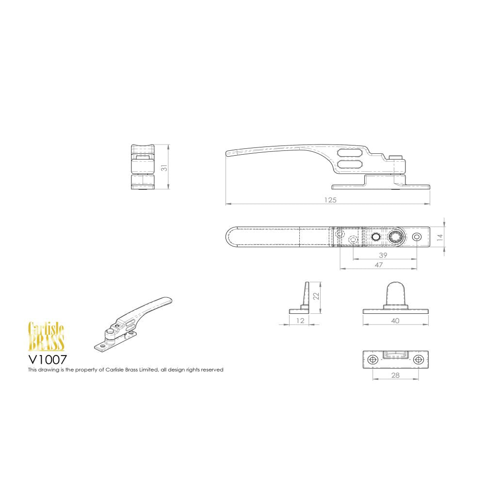 This image is a line drwaing of a Carlisle Brass - Locking Casement Fastener with Night Vent - Polished Brass available to order from Trade Door Handles in Kendal