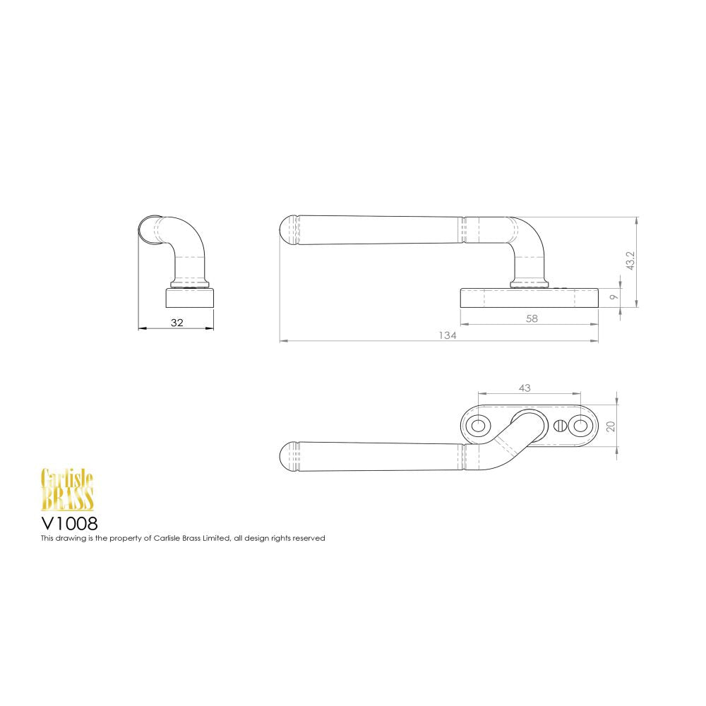 This image is a line drwaing of a Carlisle Brass - Cranked Locking Espagnolette Handle R/H - Satin Chrome available to order from Trade Door Handles in Kendal