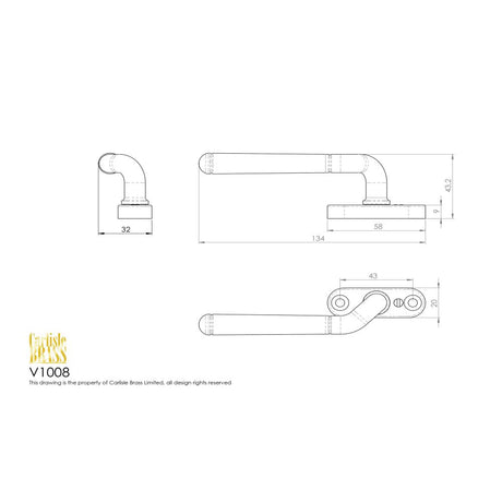 This image is a line drwaing of a Carlisle Brass - Cranked Locking Espagnolette Handle R/H - Florentine Bronze available to order from Trade Door Handles in Kendal