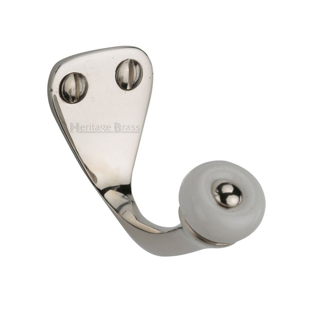 This is a image of a Heritage Brass - Single Robe Hook Pol. Nickel Finish that is available to order from Trade Door Handles in Kendal