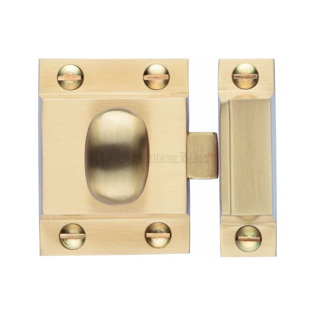 This is a image of a Heritage Brass - Cupboard Latch with Oval Turn Sat. Brass Finish that is available to order from Trade Door Handles in Kendal