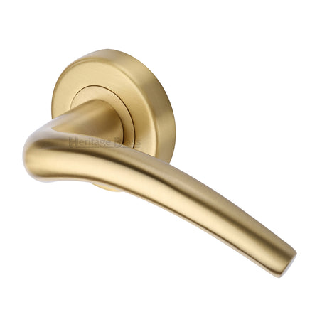 This is an image of a Heritage Brass - Door Handle Lever Latch on Round Rose Wing Design Satin Brass finish, v1121-sb that is available to order from Trade Door Handles in Kendal.