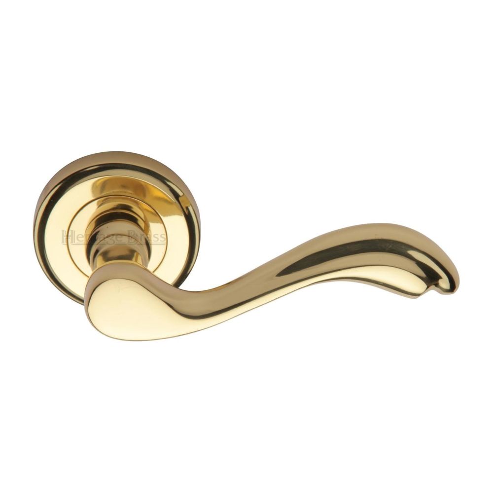 This is an image of a Heritage Brass - Door Handle Lever Latch on Round Rose Lisboa Design Polished Brass, v1601-pb that is available to order from Trade Door Handles in Kendal.