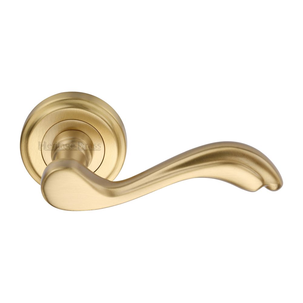 This is an image of a Heritage Brass - Door Handle Lever Latch on Round Rose Lisboa Design Satin Brass, v1601-sb that is available to order from Trade Door Handles in Kendal.