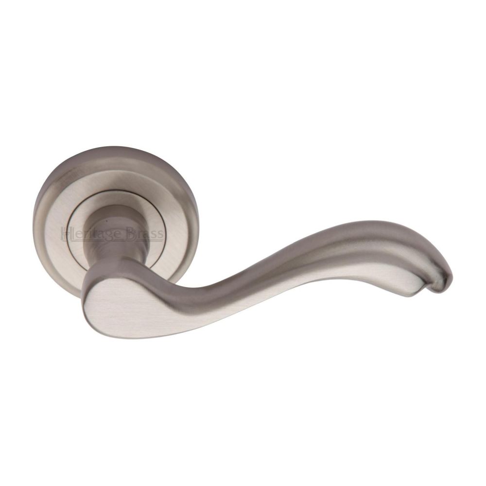 This is an image of a Heritage Brass - Door Handle Lever Latch on Round Rose Lisboa Design Satin Nickel, v1601-sn that is available to order from Trade Door Handles in Kendal.