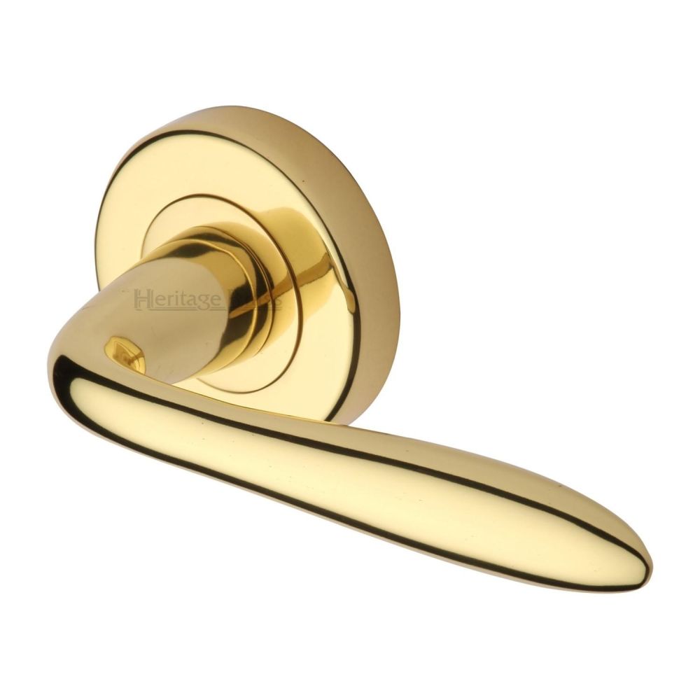 This is an image of a Heritage Brass - Door Handle Lever Latch on Round Rose Sutton Design Polished Brass, v1750-pb that is available to order from Trade Door Handles in Kendal.