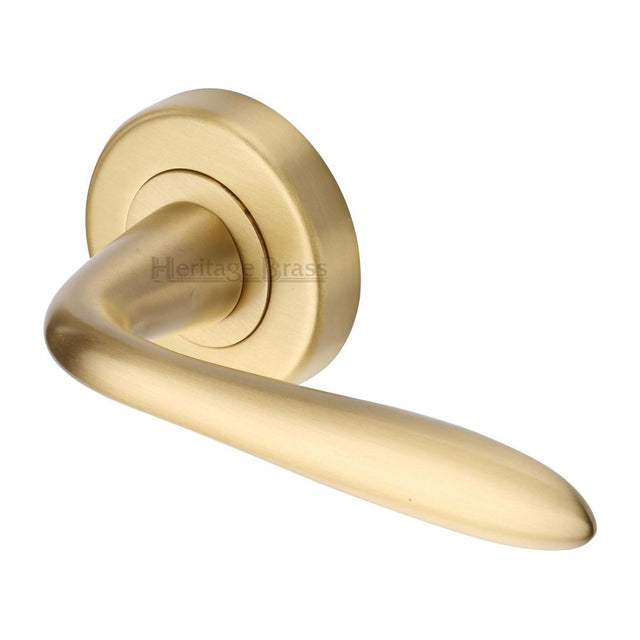 This is an image of a Heritage Brass - Door Handle Lever Latch on Round Rose Sutton Design Satin Brass, v1750-sb that is available to order from Trade Door Handles in Kendal.