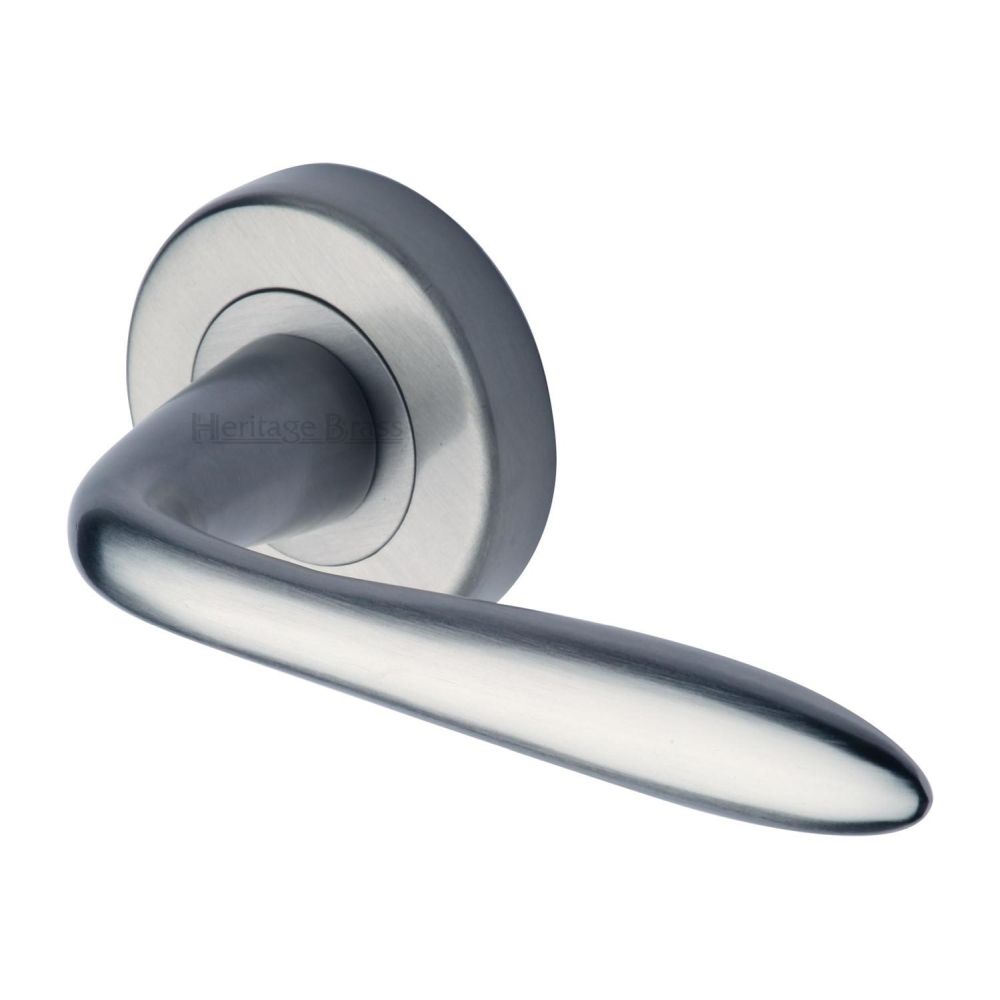 This is an image of a Heritage Brass - Door Handle Lever Latch on Round Rose Sutton Design Satin Chrome, v1750-sc that is available to order from Trade Door Handles in Kendal.