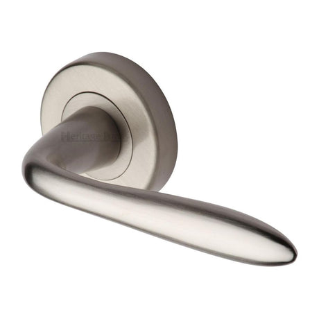 This is an image of a Heritage Brass - Door Handle Lever Latch on Round Rose Sutton Design Satin Nickel, v1750-sn that is available to order from Trade Door Handles in Kendal.