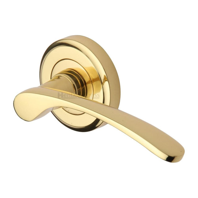 This is an image of a Heritage Brass - Door Handle Lever Latch on Round Rose Sophia Design Polished Brass, v1900-pb that is available to order from Trade Door Handles in Kendal.