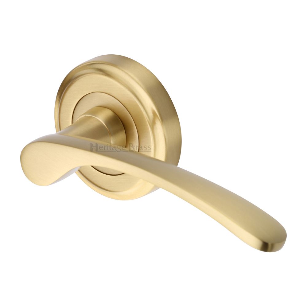 This is an image of a Heritage Brass - Door Handle Lever Latch on Round Rose Sophia Design Satin Brass, v1900-sb that is available to order from Trade Door Handles in Kendal.