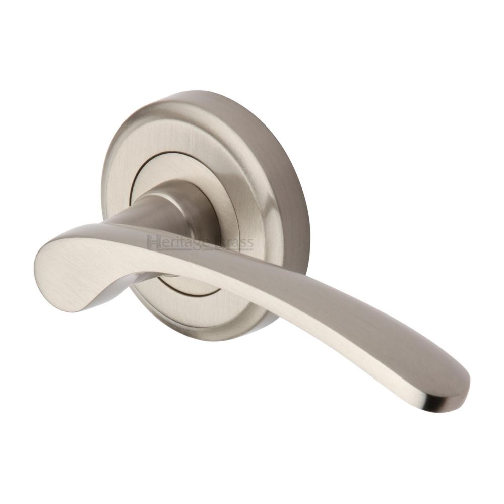 This is an image of a Heritage Brass - Door Handle Lever Latch on Round Rose Sophia Design Satin Nickel, v1900-sn that is available to order from Trade Door Handles in Kendal.