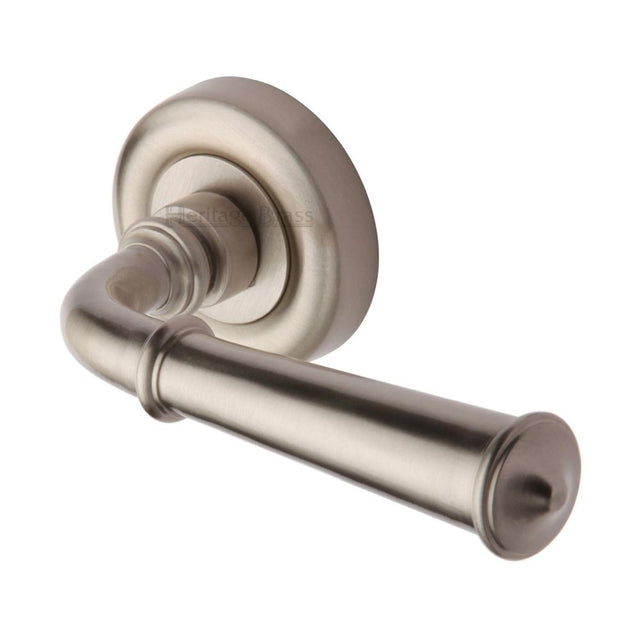 This is an image of a Heritage Brass - Door Handle Lever Latch on Round Rose Colonial Design Satin Nick, v1932-sn that is available to order from Trade Door Handles in Kendal.