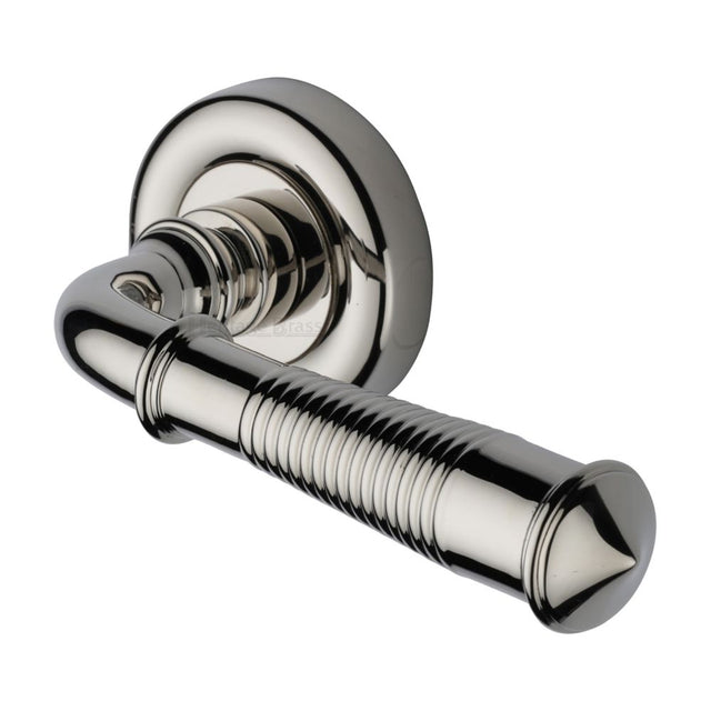 This is an image of a Heritage Brass - Door Handle Lever Latch on Round Rose Colonial Reeded Design Po, v1936-pnf that is available to order from Trade Door Handles in Kendal.