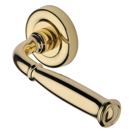 This is an image of a Heritage Brass - Door Handle Lever Latch on Round Rose Lincoln Design Polished Brass, v1938-pb that is available to order from Trade Door Handles in Kendal.