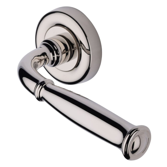 This is an image of a Heritage Brass - Door Handle Lever Latch on Round Rose Lincoln Design Polished Nicke, v1938-pnf that is available to order from Trade Door Handles in Kendal.