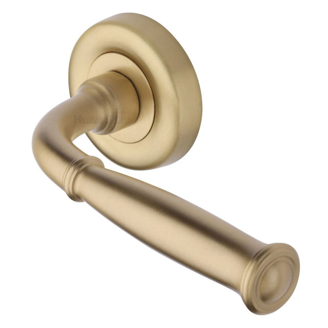 This is an image of a Heritage Brass - Door Handle Lever Latch on Round Rose Lincoln Design Satin Brass, v1938-sb that is available to order from Trade Door Handles in Kendal.