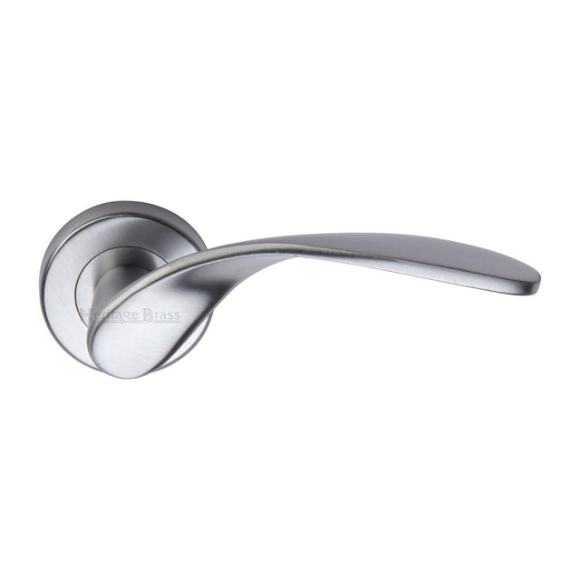 This is an image of a Heritage Brass - Door Handle Lever Latch on Round Rose Volo Design Satin Chrome finish, v1950-sc that is available to order from Trade Door Handles in Kendal.