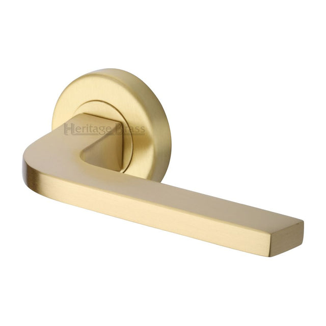 This is an image of a Heritage Brass - Door Handle Lever on Rose Bellagio Design Satin Brass Finish, v2015-sb that is available to order from Trade Door Handles in Kendal.