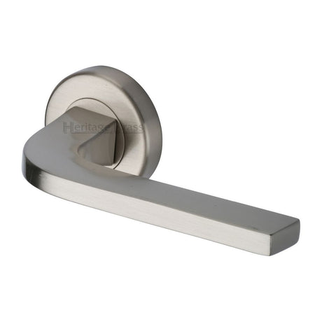 This is a image of a Heritage Brass - Door Handle Lever on Rose Bellagio Design Satin Nickel Finish that is available to order from Trade Door Handles in Kendal.